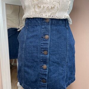 Forever 21 Denim Mini Skirt Button Front High Rise Blue Jean Skirt Size 28